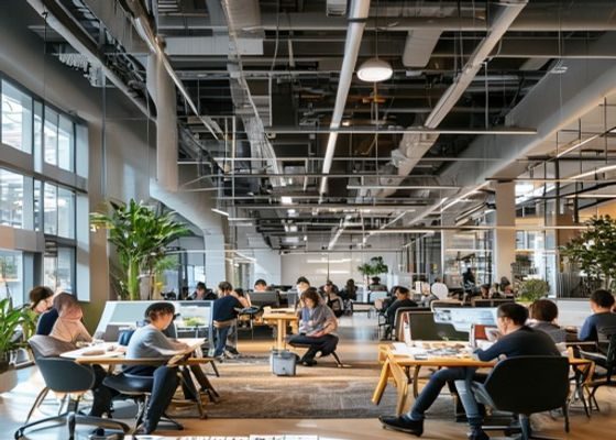 四虎影视北京总部开放式办公环境，宽敞明亮的创作工区内团队成员专注于影视内容策划与版权评审工作，整体氛围专业而富有活力
