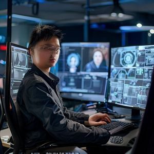 四虎影视技术架构师陈博的工作照，坐在双屏工作站前，屏幕上显示内容分发系统的架构图，专注而严谨的技术专家形象